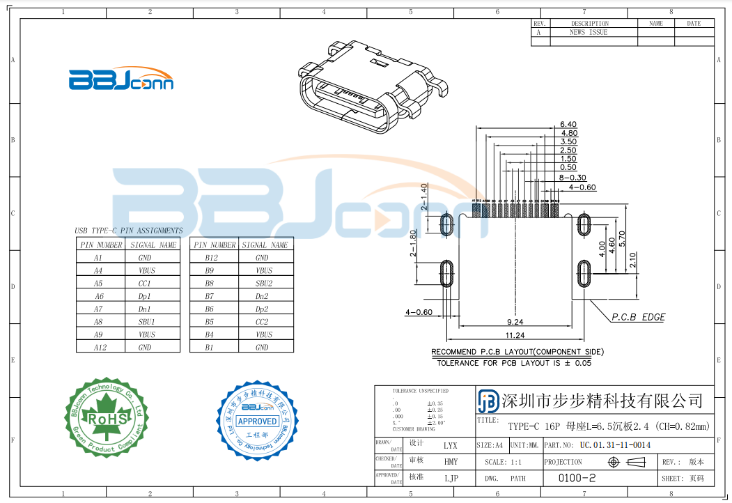 TYPE-C 16P 母座L=6.5沉板2.4(CH=0.82mm)