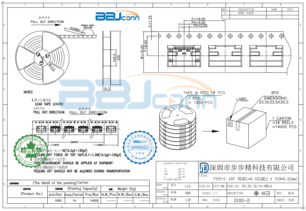 TYPE-C 16P 母座L=6.5沉板2.4(CH=0.82mm)