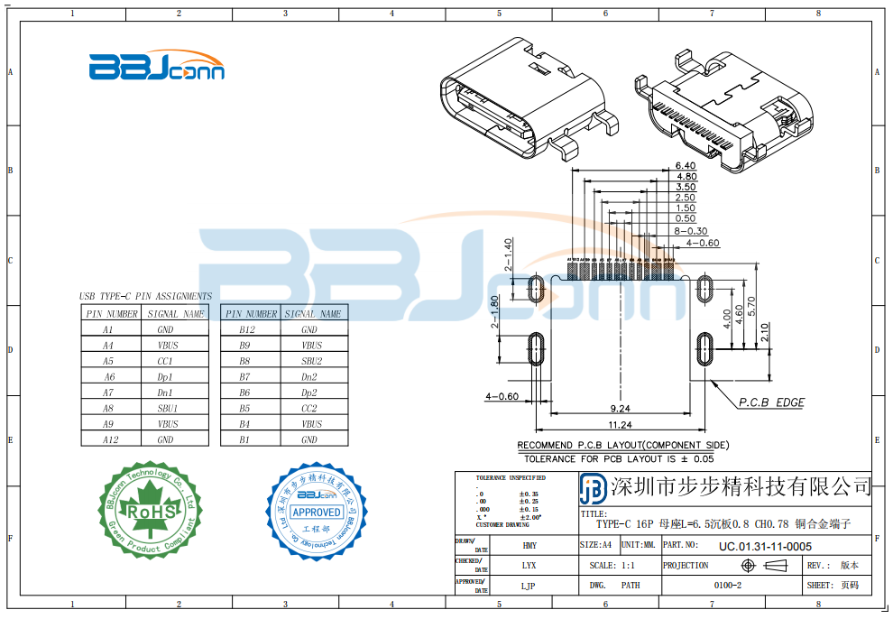 TYPE-C母座 16PIN 沉板0.8 L=6.5 铜合金端子