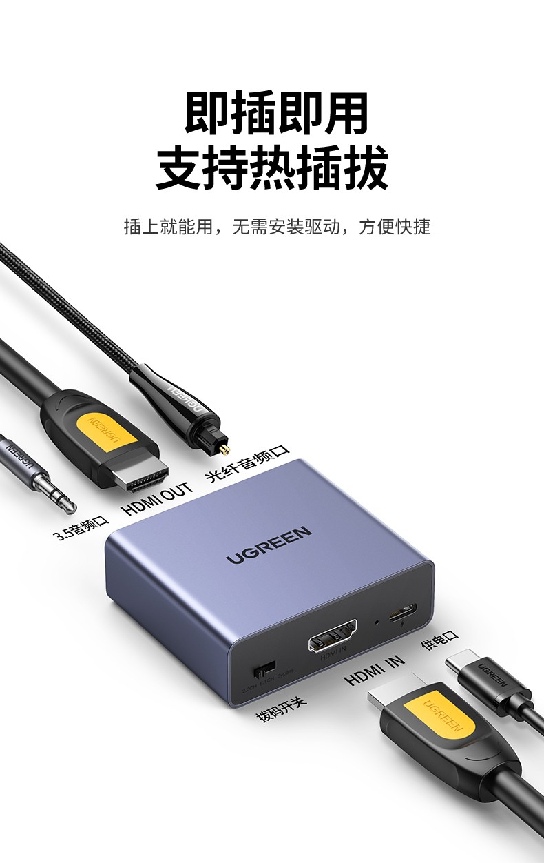 绿联60649 hdmi音频分离器spdif/3.5数字光纤音频输出转接换器音响