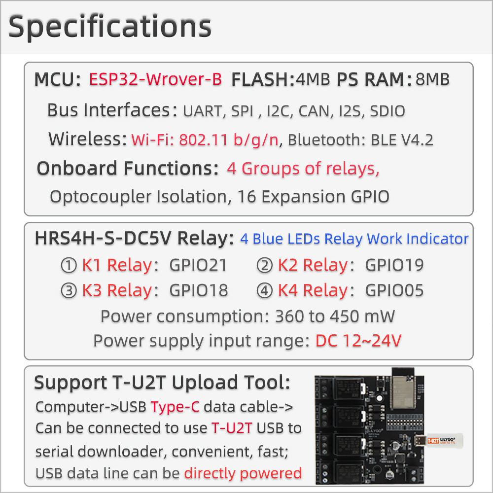 LILYGO® TTGO T-Relay ESP32 Chip DC 5V 4 Groups Relay 4MB Flash IoT Relay Suport WiFi Bluetooth