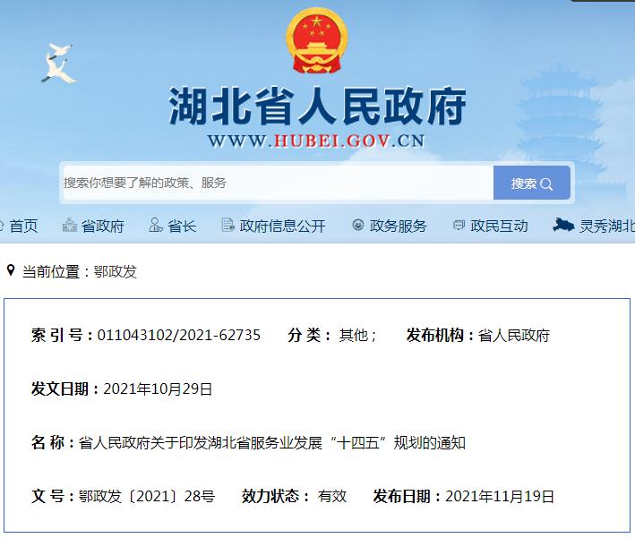 【政策资讯】省人民政府关于印发湖北省服务业发展“十四五”规划的通知 【政策资讯】省人民政府关于印发湖北省服务业发展“十四五”规划的通知