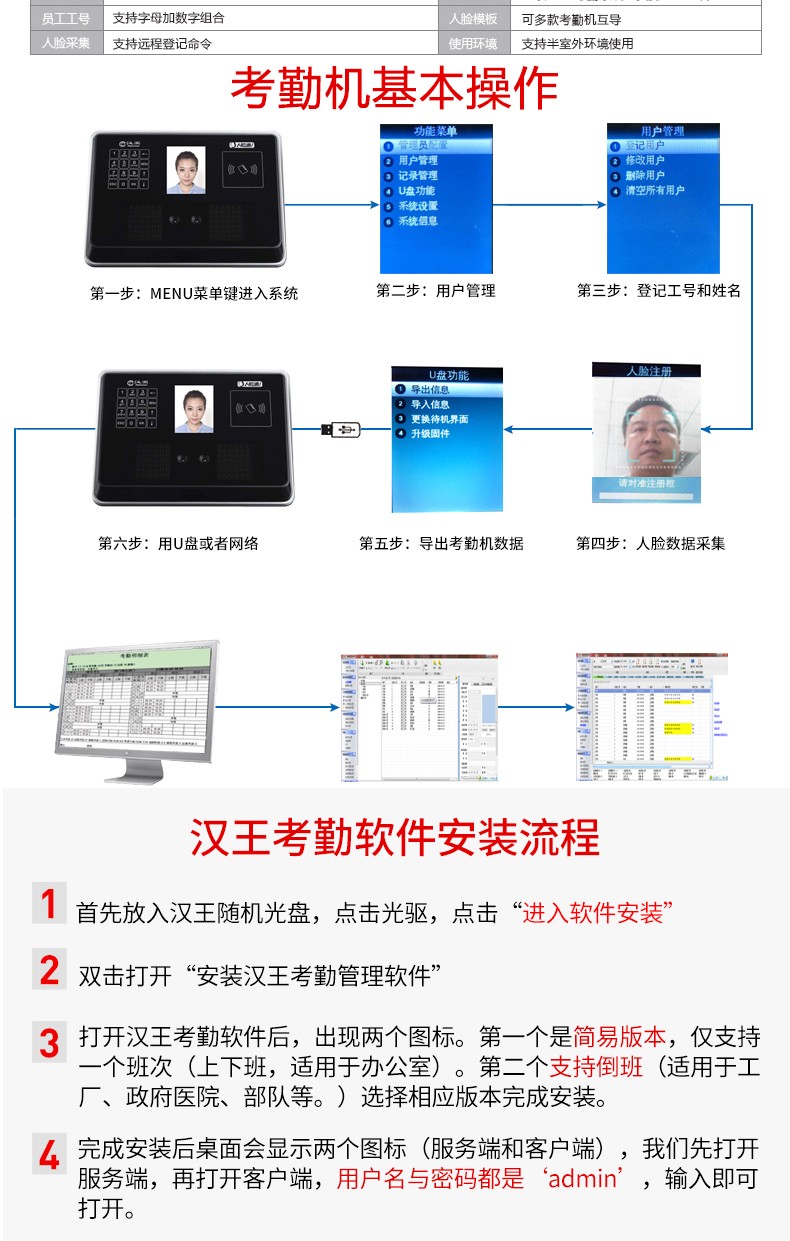 汉王E370A  考勤门禁机人脸识别打卡机 面部识别考勤机刷脸签到机 