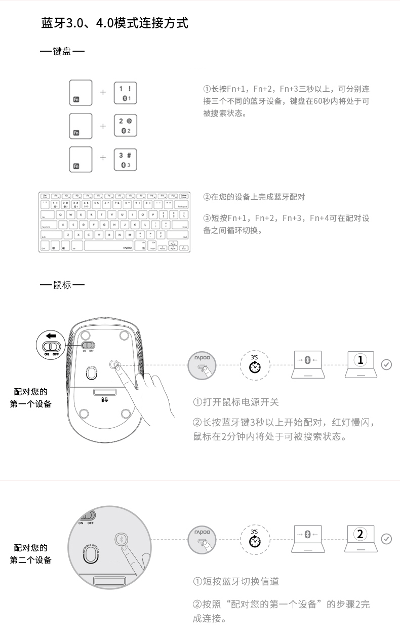 雷柏9000G 无线蓝牙键鼠套装 家用办公手机平板笔记本台式电脑通用