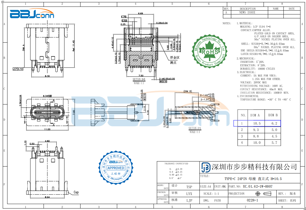 TYPE-C 24PIN　母座直立式 H10.5