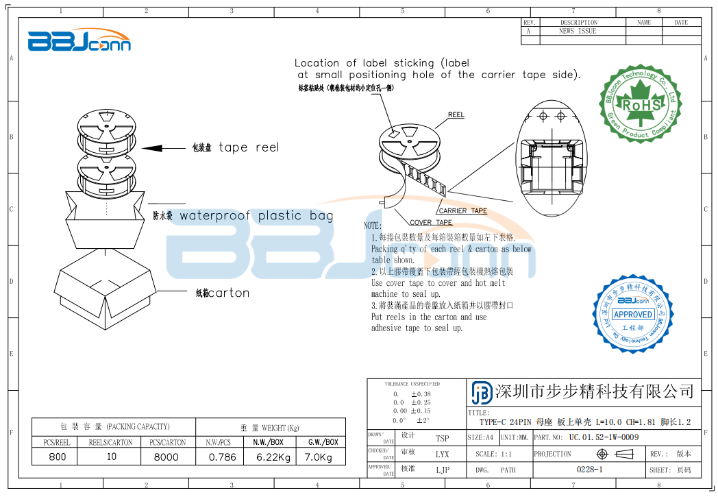 TYPE-C 24PIN　母座板上单壳 L=10.0