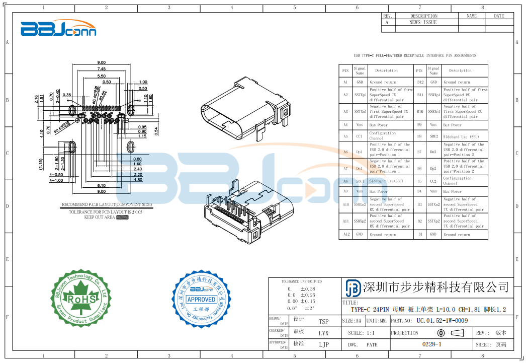 TYPE-C 24PIN　母座板上单壳 L=10.0