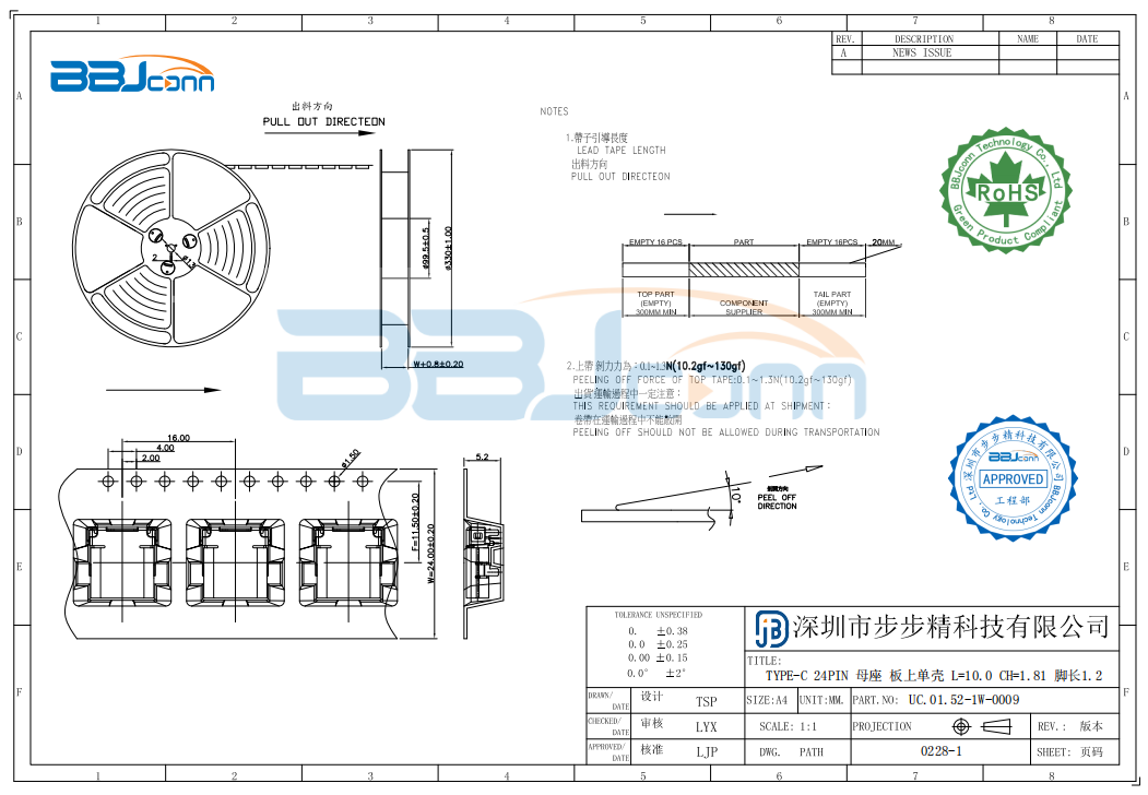 TYPE-C 24PIN　母座板上单壳 L=10.0