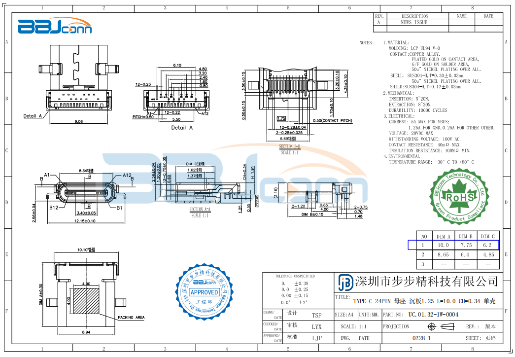 TYPE-C 24PIN　母座沉板1.25　L=10.0单壳