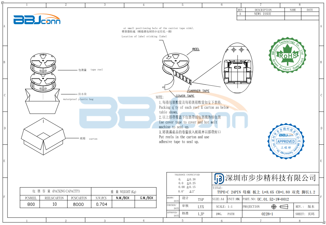 TYPE-C 24PIN母座板上　L=8.65双壳