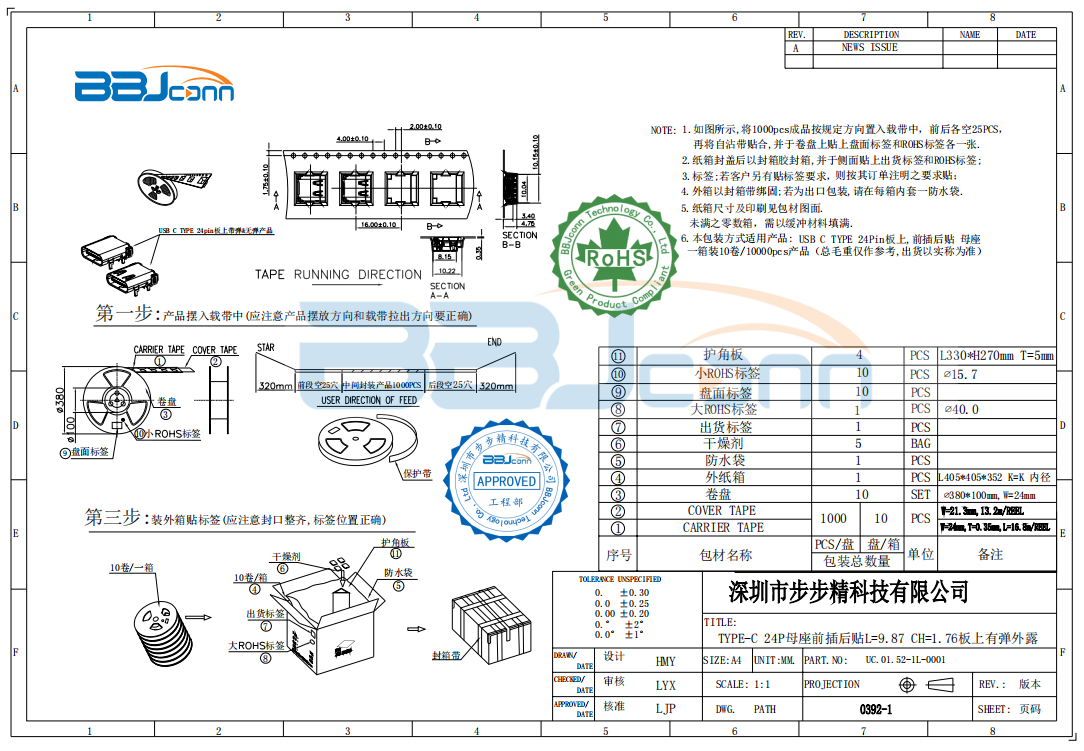 TYPE-C 24P母座前插后贴L=9.87 CH=1.76板上有弹外露1.25