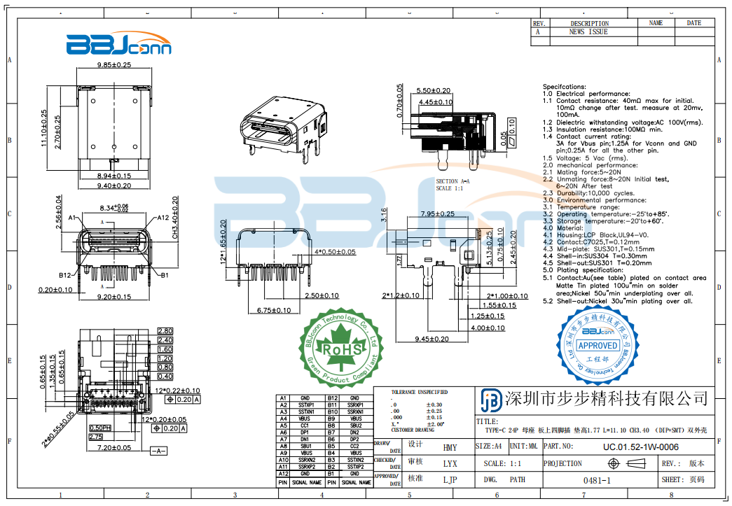 TYPE-C 24P 母座 板上四脚插 垫高1.77 L=11.10 CH3.40 （DIP+SMT）双外壳