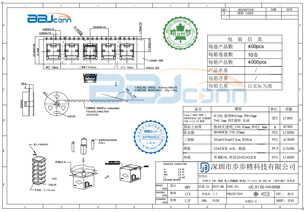 TYPE-C 24P 母座 板上四脚插 垫高1.77 L=11.10 CH3.40 （DIP+SMT）双外壳