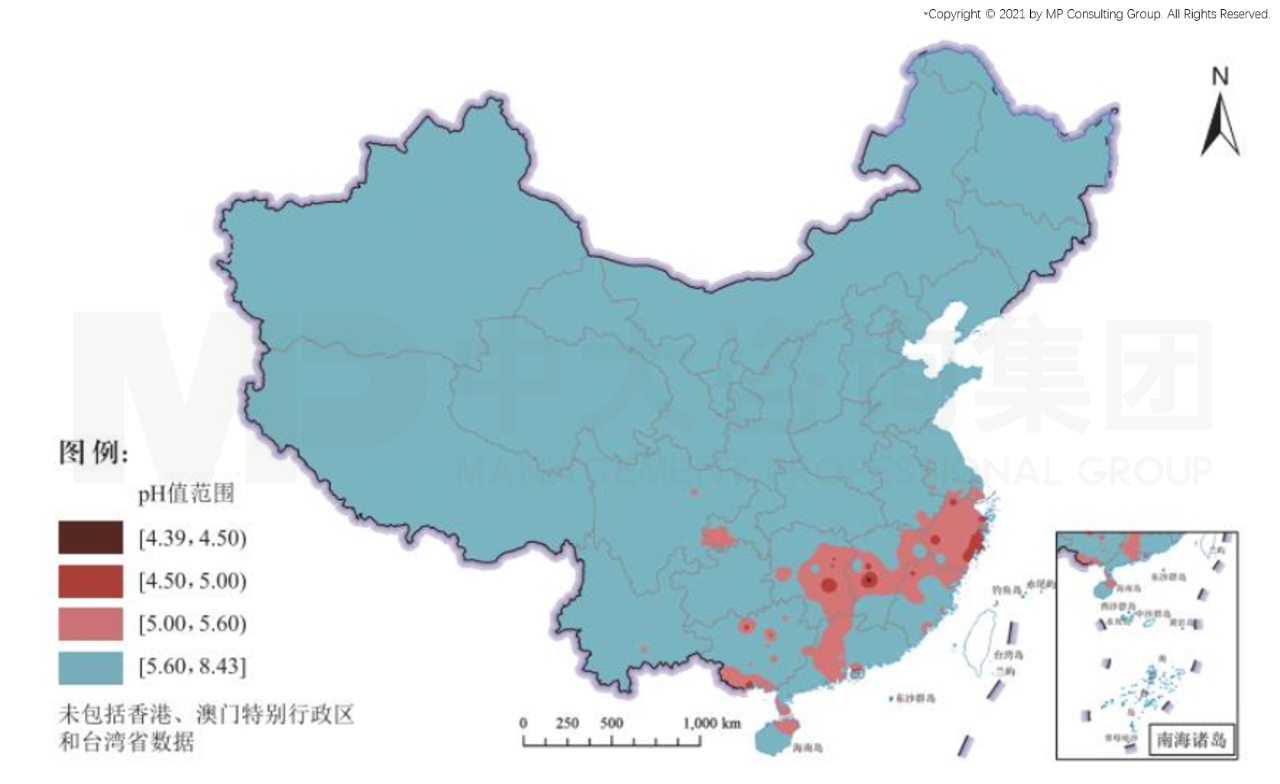 图4 2020年降水PH年均值等值线分布示意图(PH低于5.6为酸雨)。数据来源:《2020中国生态环境状态公报》 图4 2020年降水PH年均值等值线分布示意图(PH低于5.6为酸雨)。数据来源:《2020中国生态环境状态公报》