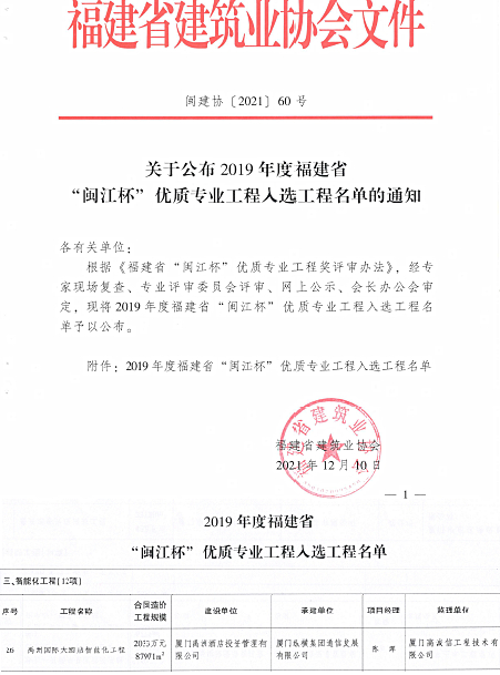 喜讯 | 伟德官网下载客户端集团实施的厦门禹洲温德姆至尊豪廷大酒店智能化工程荣获福建省“闽江杯”优质专业工程