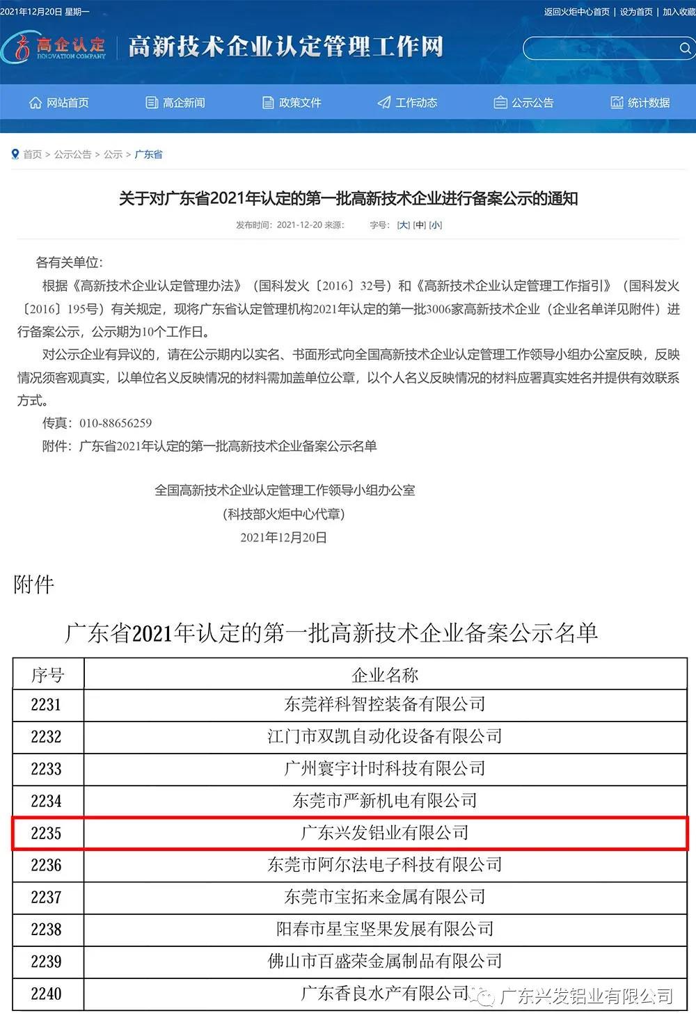 喜讯！兴发铝业、兴发精密制造、兴发河南子公司3家企业通过国家高新技术企业认定