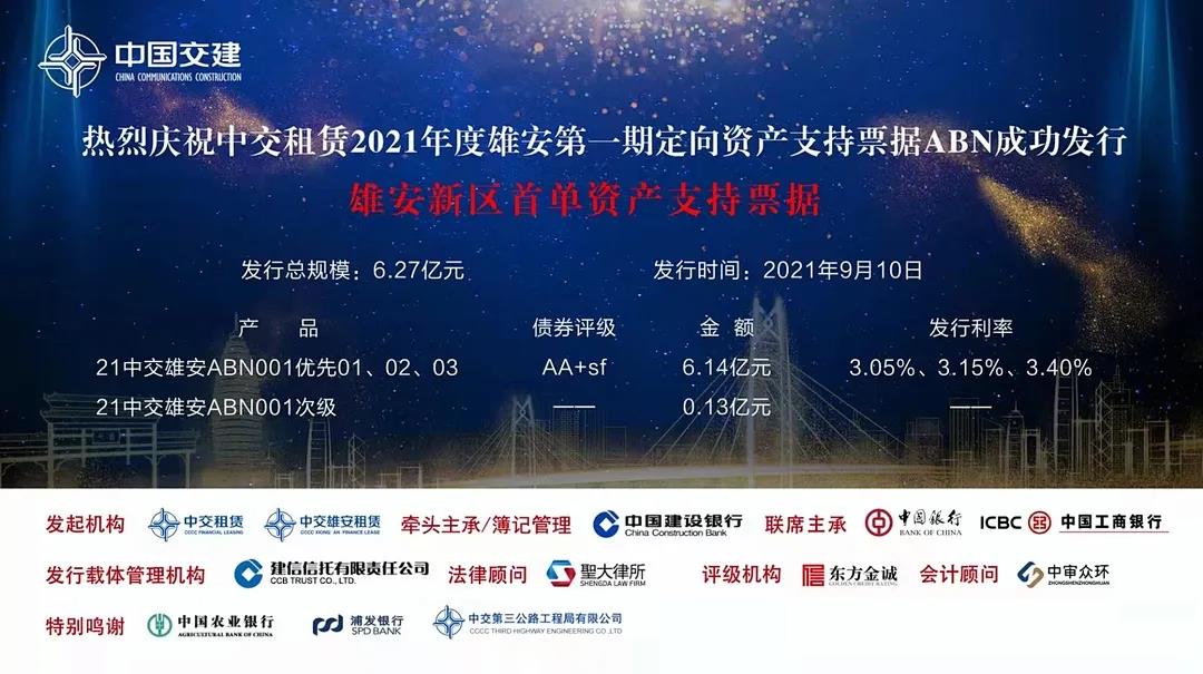 圣大助力中交租赁2021年度雄安第一期定向资产支持票据成功发行