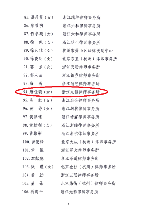 浙江九恒律师事务所吕健、唐佳璐两位律师获杭州律协表彰 浙江九恒律师事务所吕健、唐佳璐两位律师获杭州律协表彰