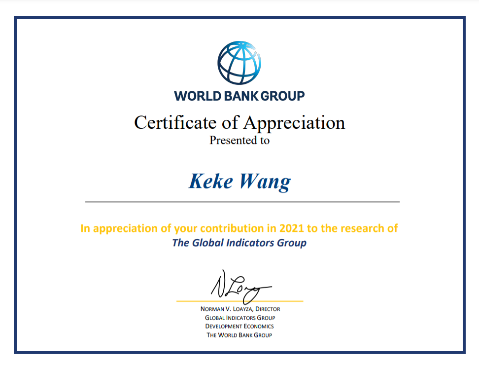 北京市炜衡律师事务所王可可律师收到世界银行感谢信