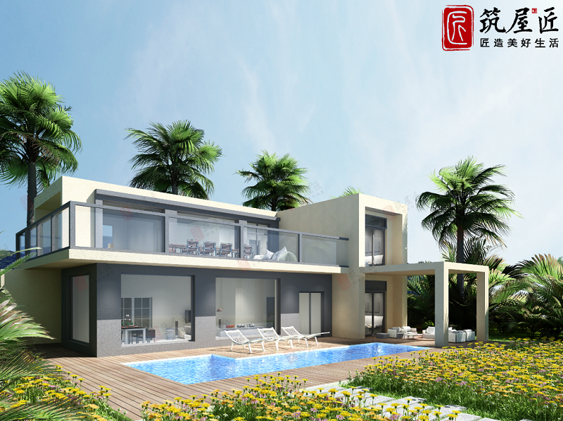 12×16米农村2层现代风格别墅，客餐厅一体化，畅享泳池露台好生活