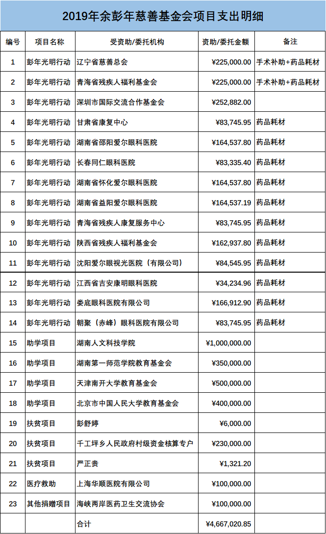 2019年余彭年慈善基金会捐赠项目支出明细