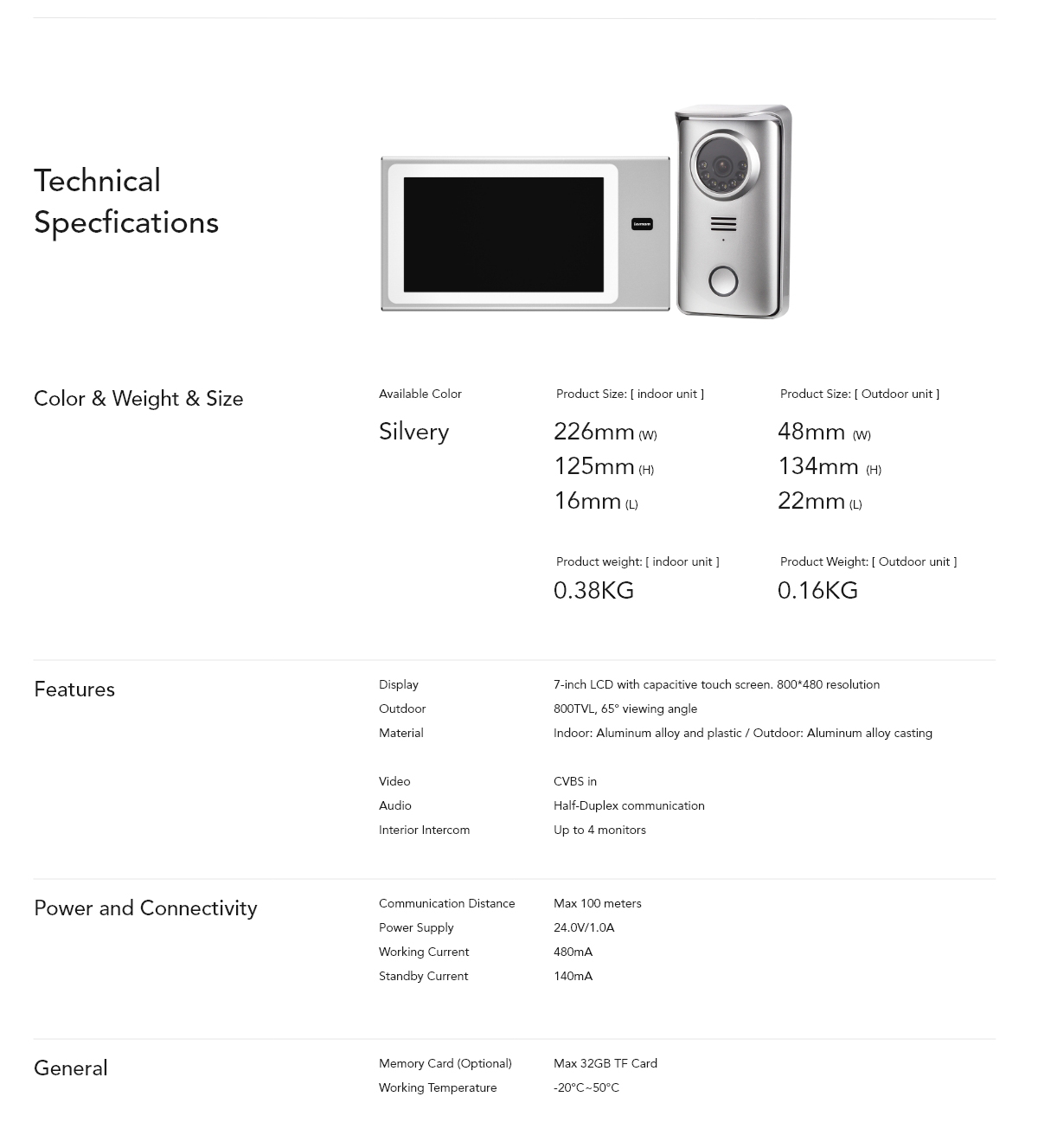 CP2-L72 -Two Wire Video Door Phone System