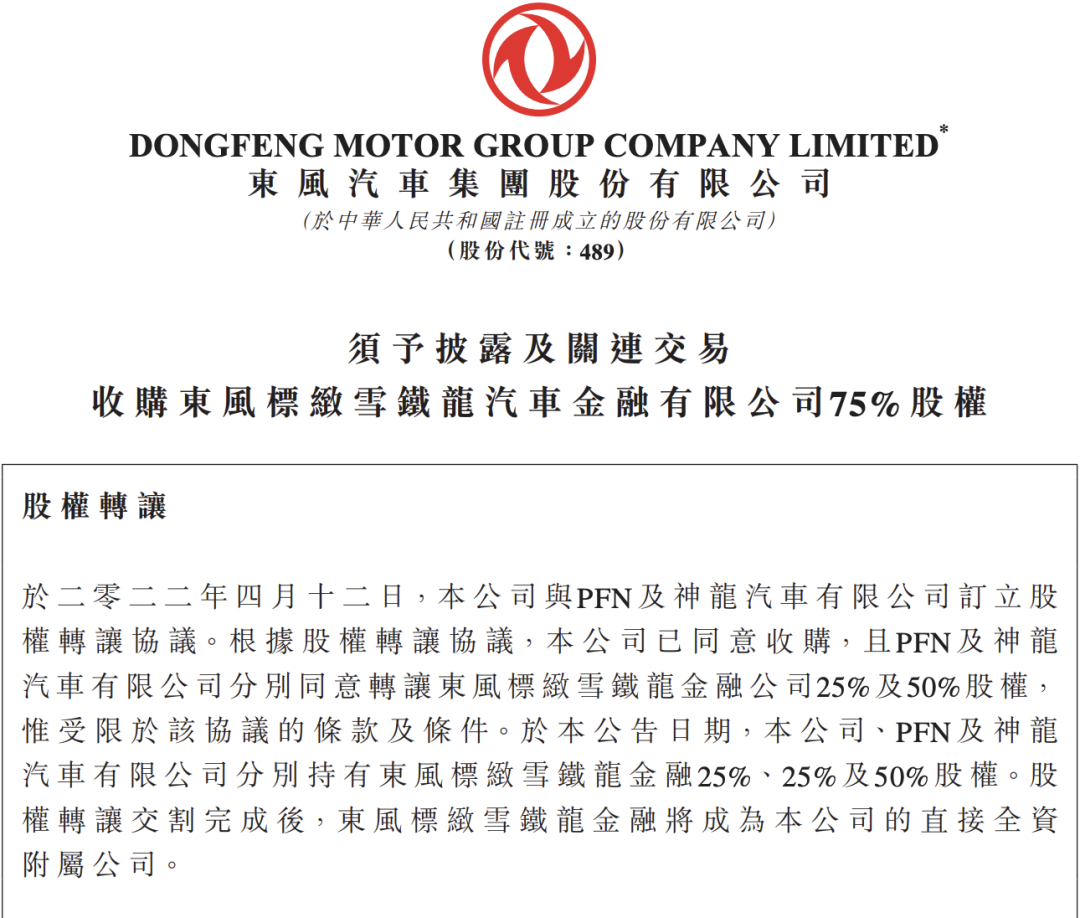 东风集团收购东风标致雪铁龙金融75%股权