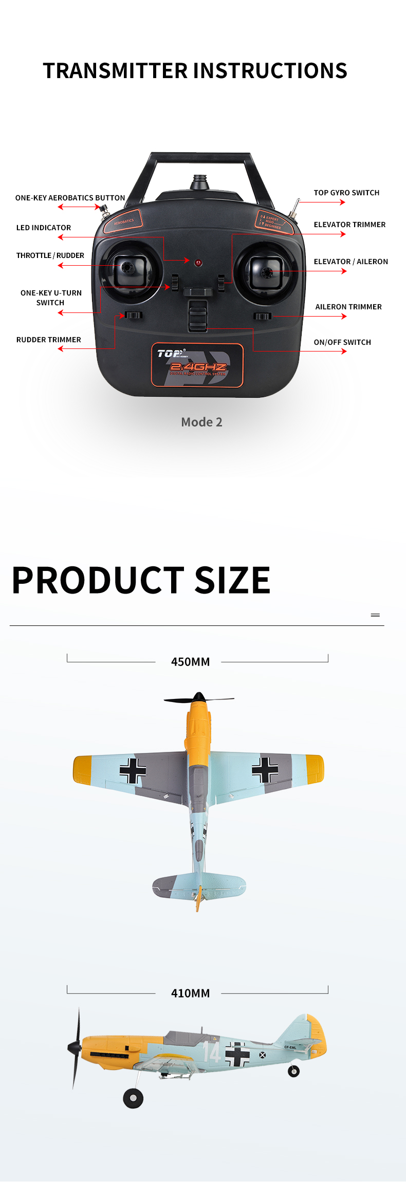 TOP RC HOBBY 450MM MINI BF-109