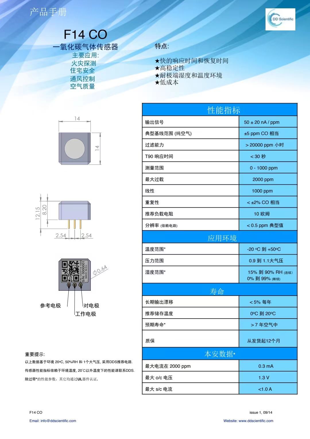 新品推薦之英國DDS一氧化碳?xì)怏w傳感器F14 CO