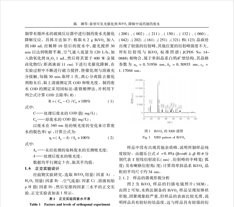 新型可见光催化剂 BiVO4 降解 中成药制药废水