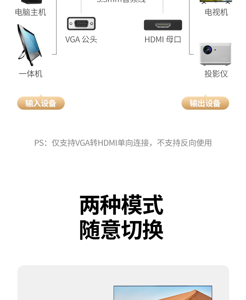 绿联vga转hdmi转换器笔记本台式电脑连接显示器屏hdml电视投影仪50945