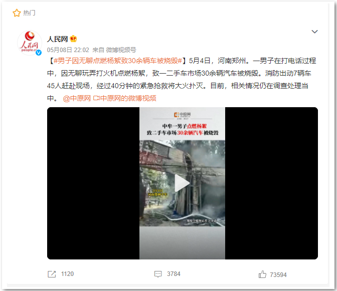 国晖北京-一男子因无聊点燃杨絮，致30余辆车被烧毁！