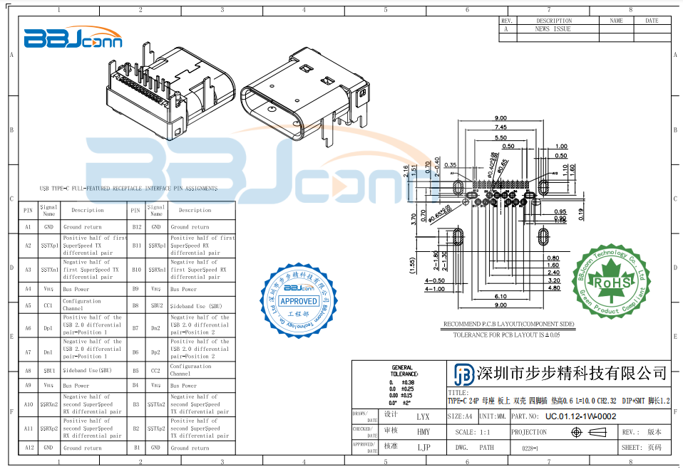 TYPE-C 24P 母座 板上 双壳 四脚插