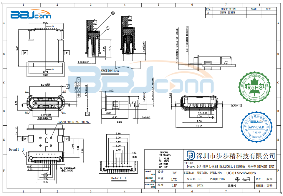 Type-c 24P 母座 L=9.65 防水沉板1.4 四脚插  双外壳 DIP+SMT 防水IPX7