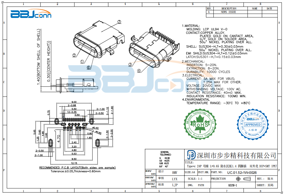 Type-c 24P 母座 L=9.65 防水沉板1.4 四脚插  双外壳 DIP+SMT 防水IPX7