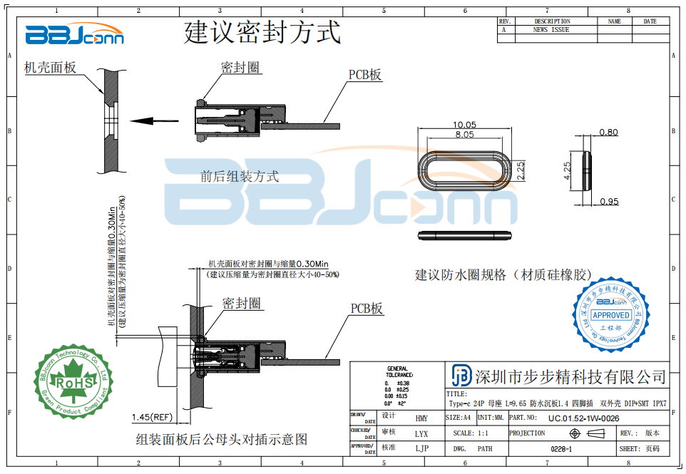 Type-c 24P 母座 L=9.65 防水沉板1.4 四脚插  双外壳 DIP+SMT 防水IPX7