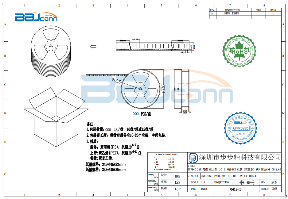 TYPE-C 24P 母座 板上型 L=7.9 双排SMT ML款（莫仕款） 镀金G-F CH=1.66