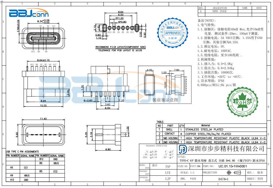 TYPE-C 6P 防水母座 直立式 全插 H=6.80 （端子DIP）防水IPX6