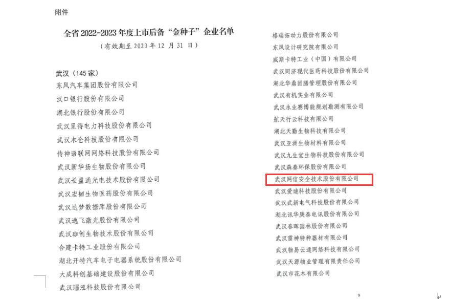 网信安全入选湖北省上市后备“金种子”企业名单