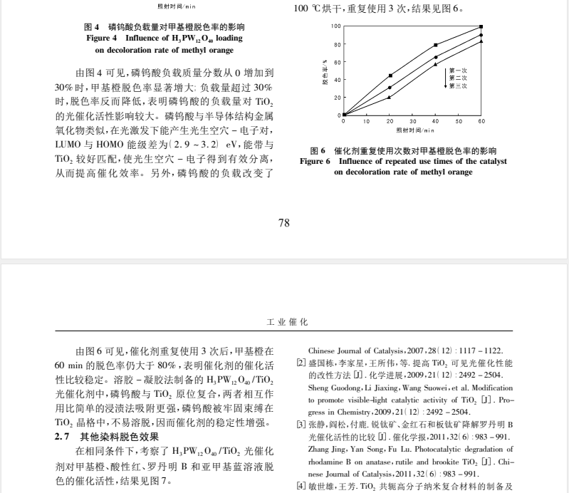 无定形态 H3 PW12 O40 /TiO2光催化剂降解有机染料