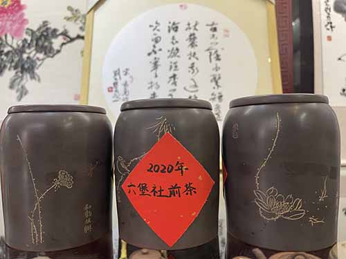 和韵轩坭兴陶荷花直筒茶罐2020年社前六堡茶125g/罐