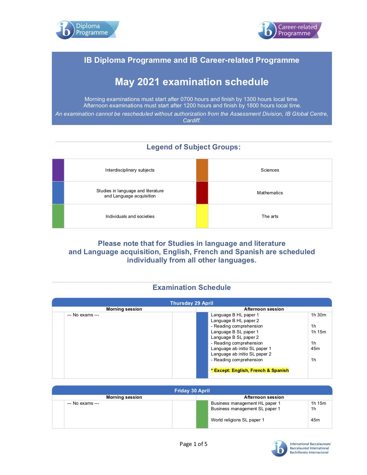 IB DP Assessment Calendar