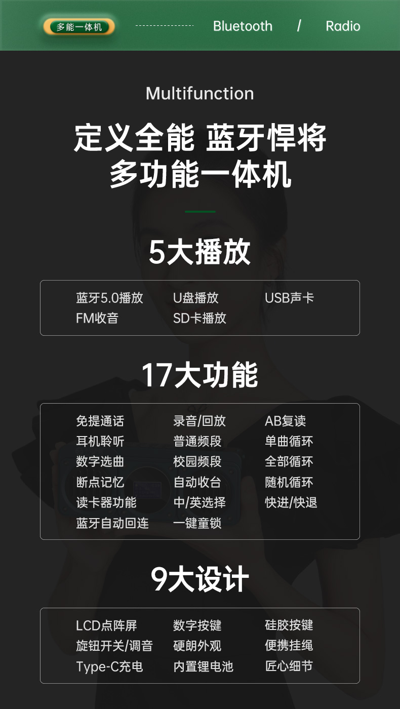 不见不散新款BV810蓝牙音箱多功能复古收音机便携插卡U盘播放音响