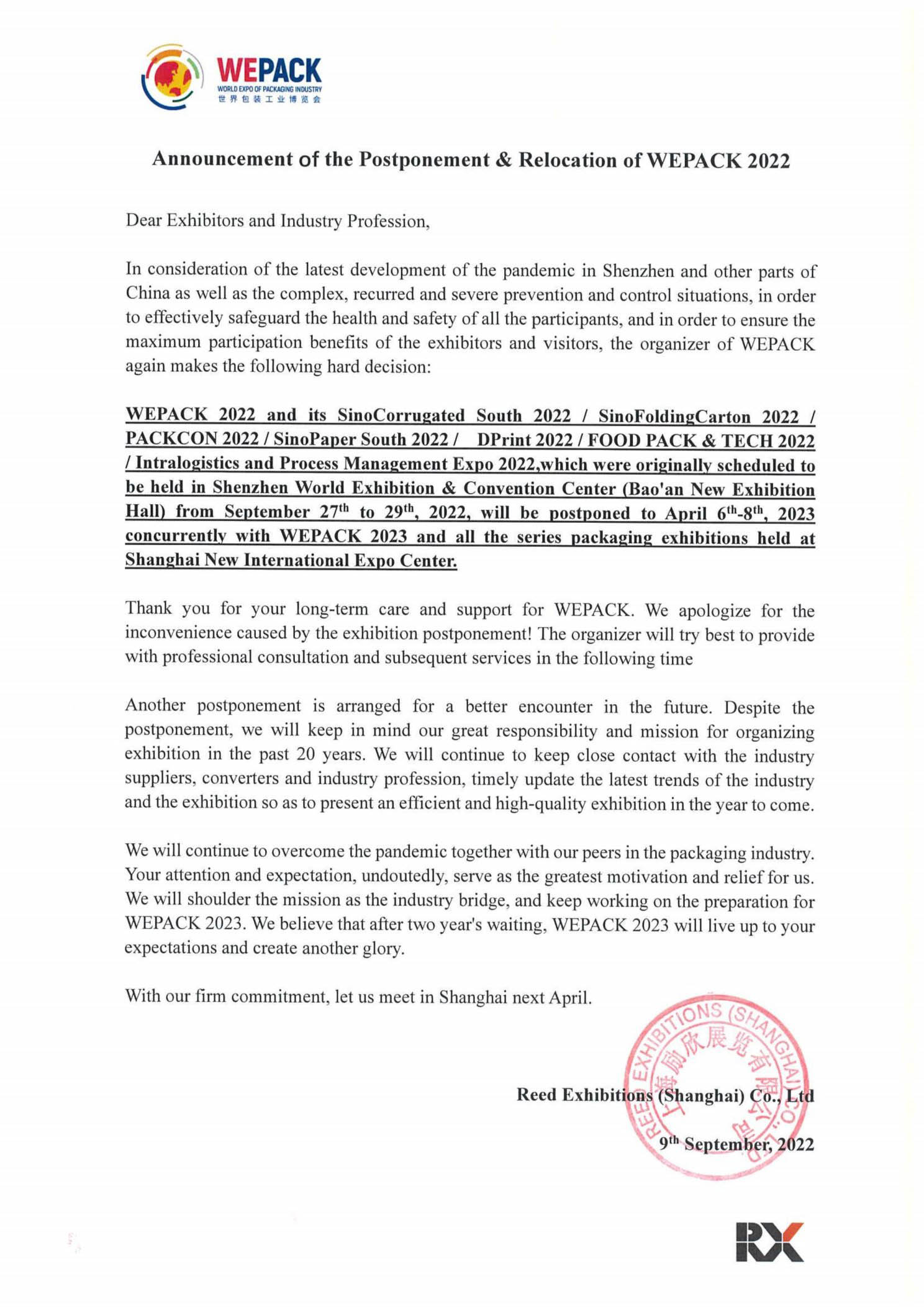 Announcement of the Postponement & Relocation of SinoFoldingCarton 2022