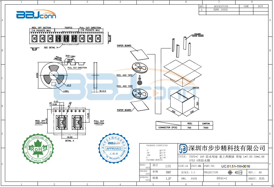 TYPE-C 16P 防水母座 板上两脚插 带柱 L=7.05 CH=2.08 IPX5 O形防水圈