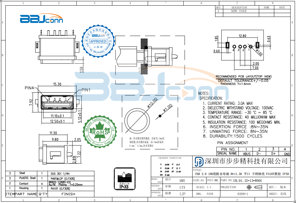 USB 2.0 180度防水母座 H=11.30 平口 不锈钢壳 PA10T黑胶 不带焊片 IPX8（USBA-1196A）