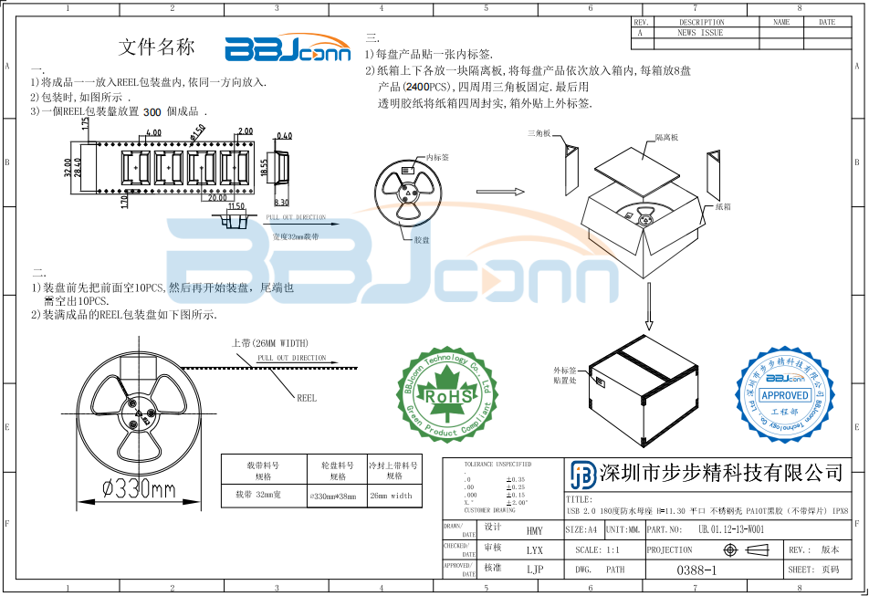 USB 2.0 180度防水母座 H=11.30 平口 不锈钢壳 PA10T黑胶 不带焊片 IPX8（USBA-1196A）