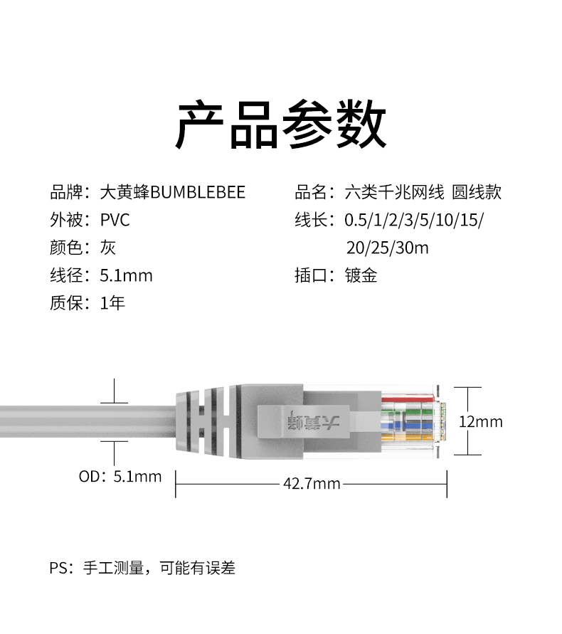 【8119GY】大黄蜂超六类网线成品跳线 灰色过福禄克测试