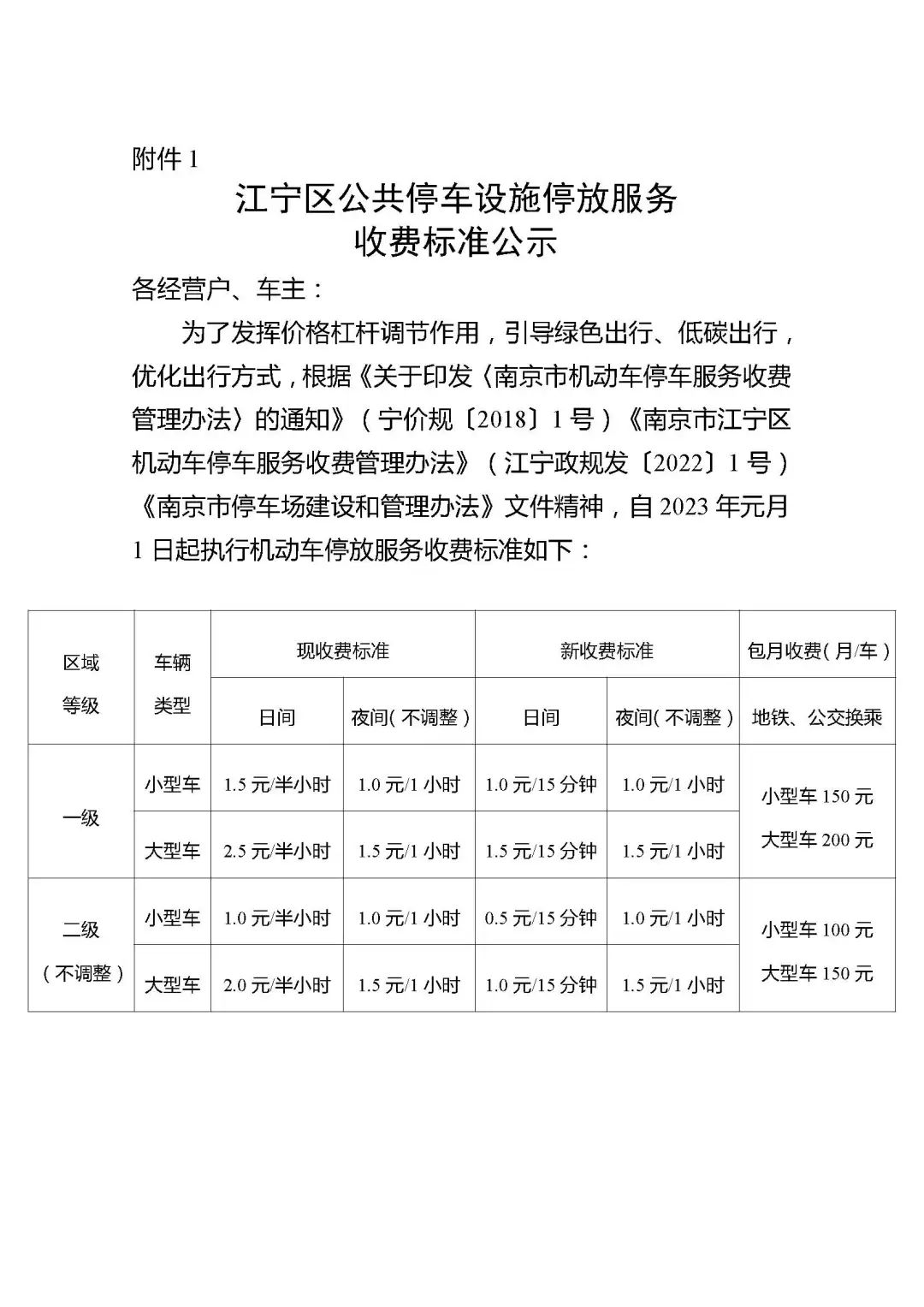 關于落實《南京市江寧區(qū)機動車停放服務收費管理辦法》的公告