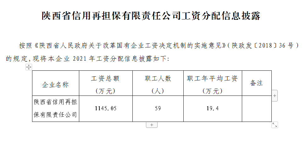 陕西省信用再担保有限责任公司工资分配信息披露